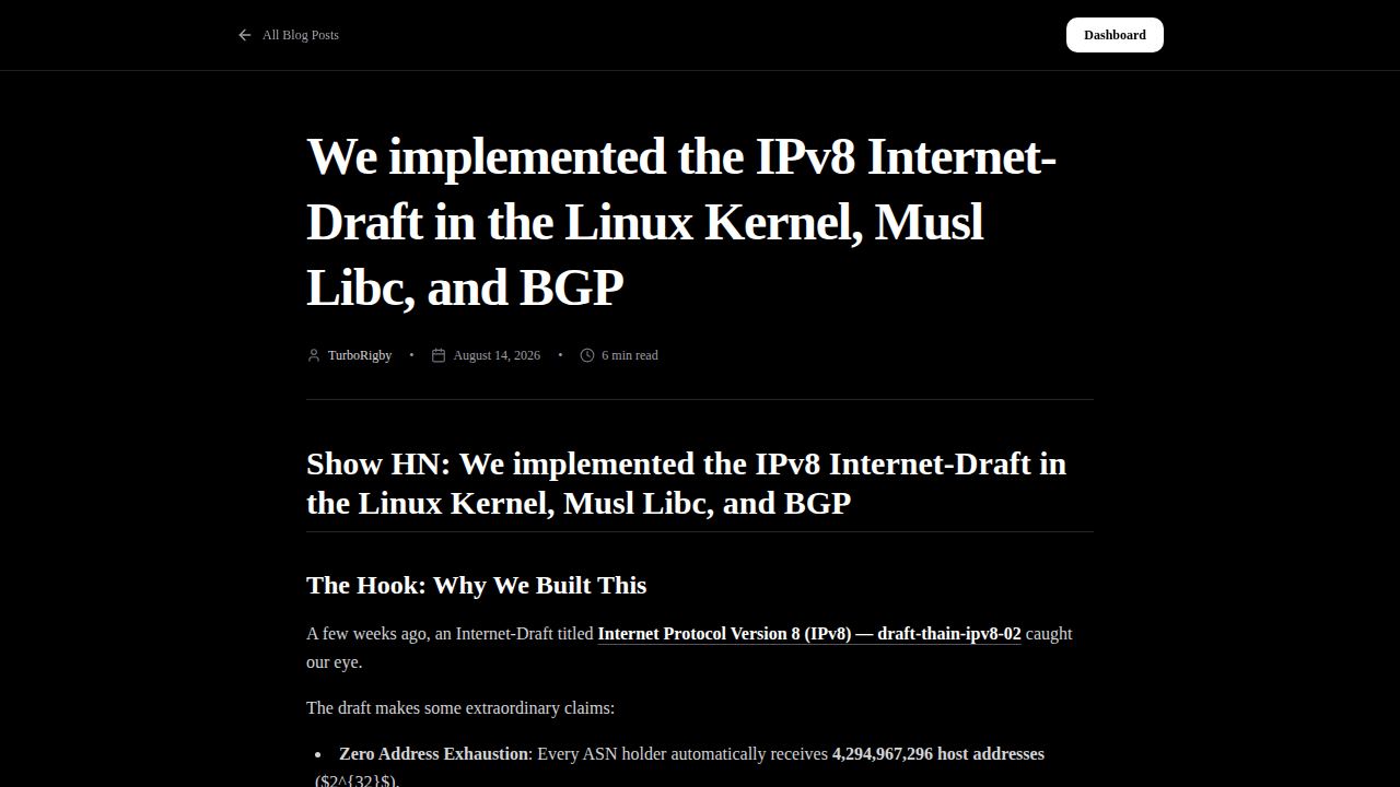 We implemented the IPv8 Internet-Draft in the Linux Kernel, Musl Libc, and BGP 1