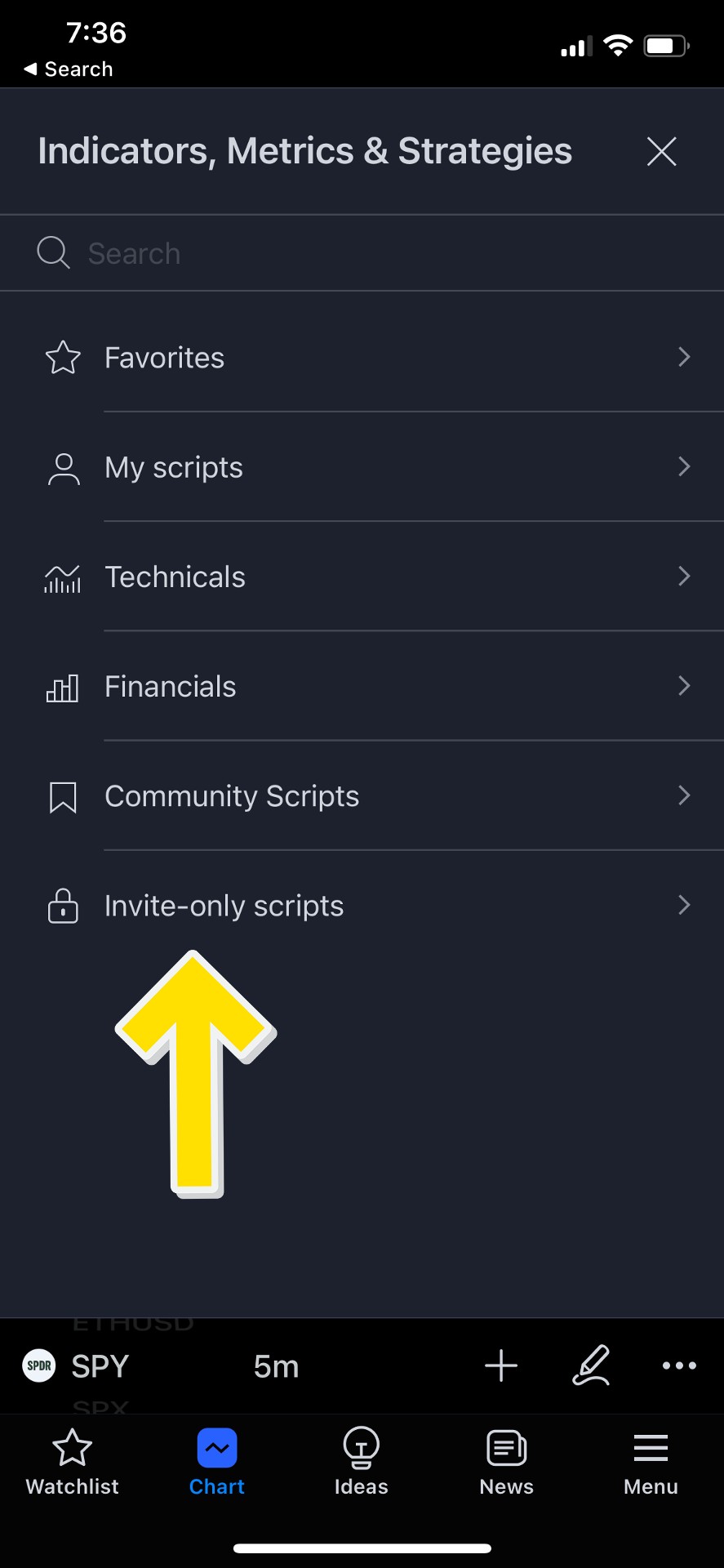 TradingView Invite-only scripts tab location mobile