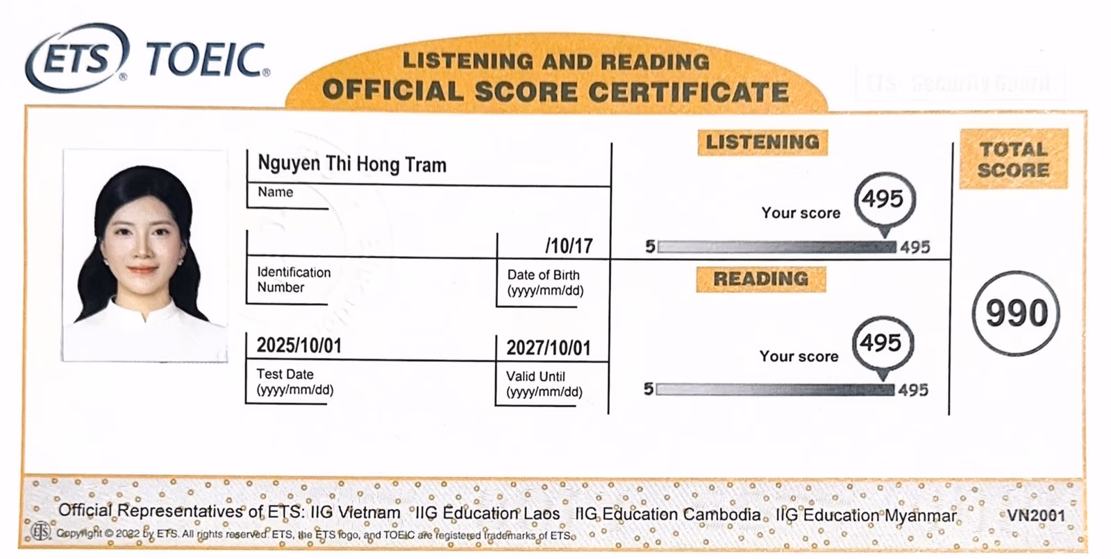 Chứng chỉ TOEIC 990 của Cô Trâm