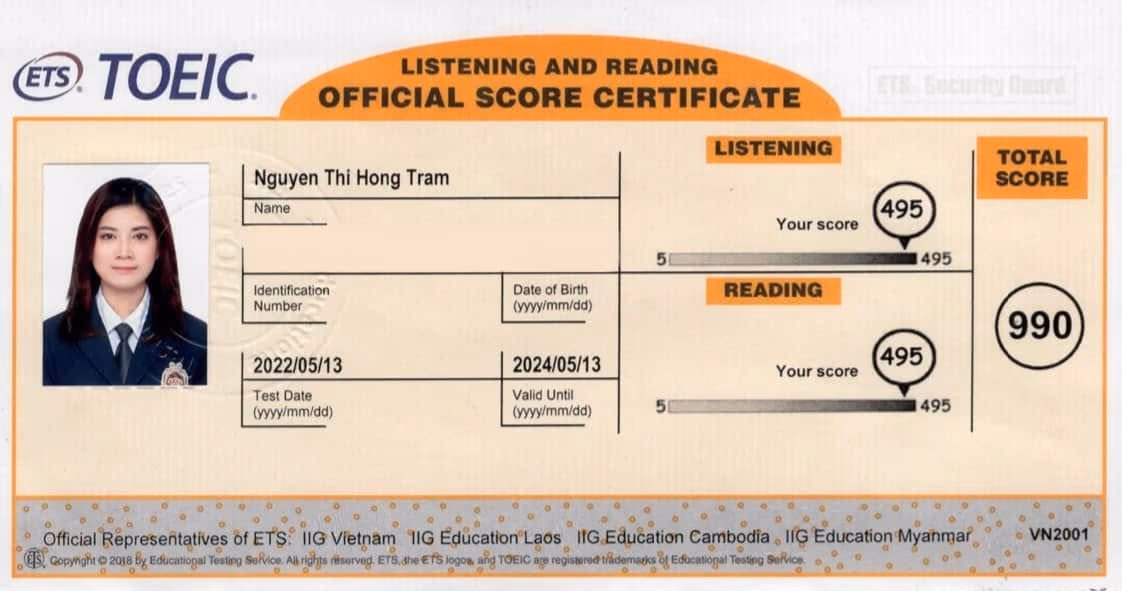 Điểm TOEIC tuyệt đối của Cô Trâm: Listening 495, Reading 495