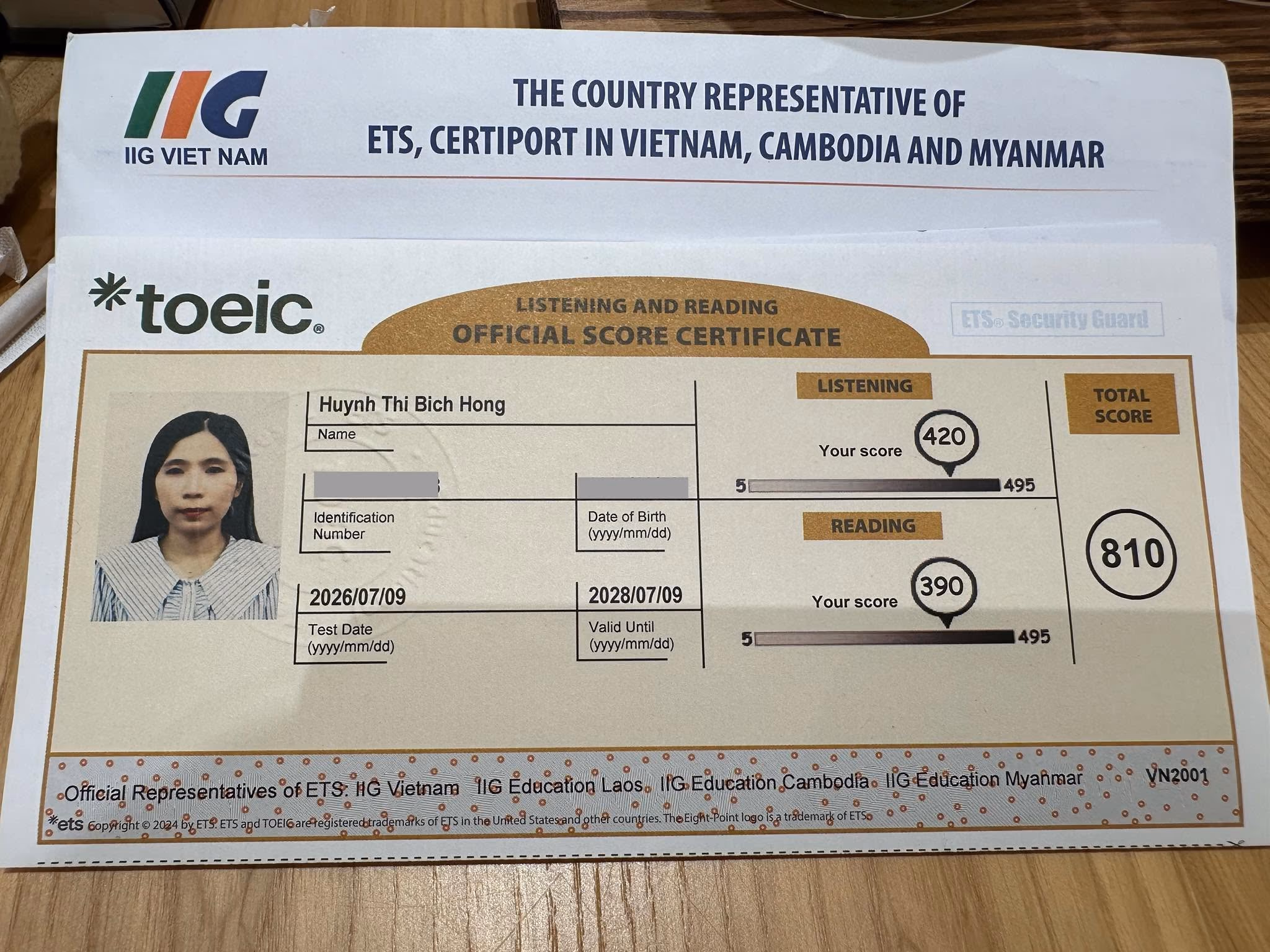 BÍCH HỒNG score certificate