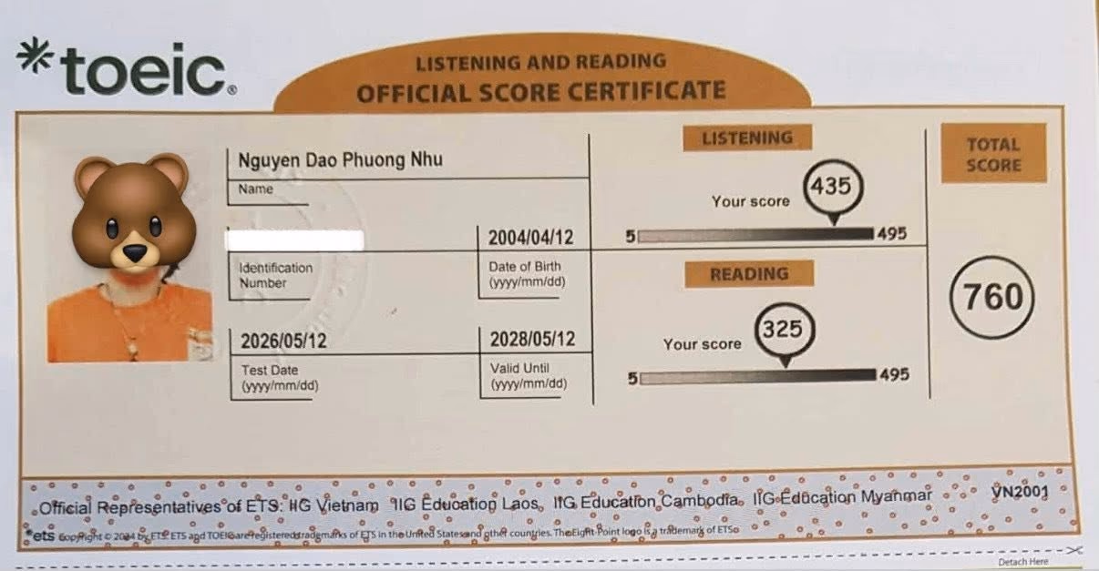 PHƯƠNG NHƯ score certificate