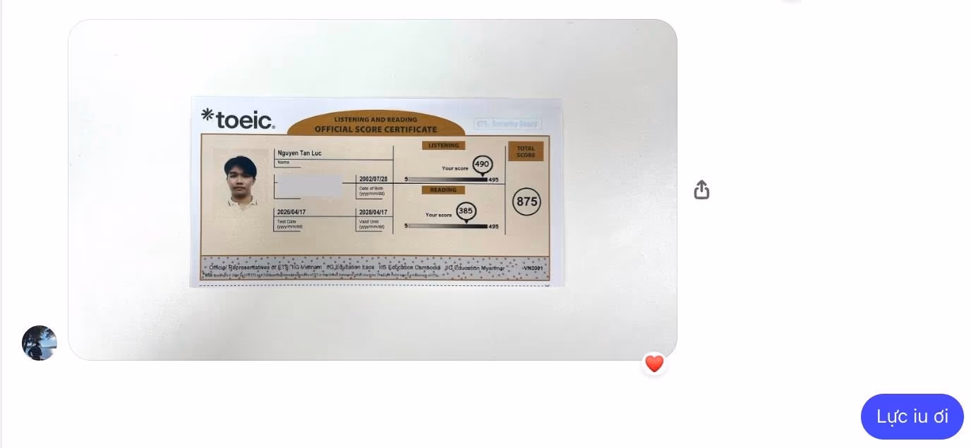 TẤN LỰC score certificate