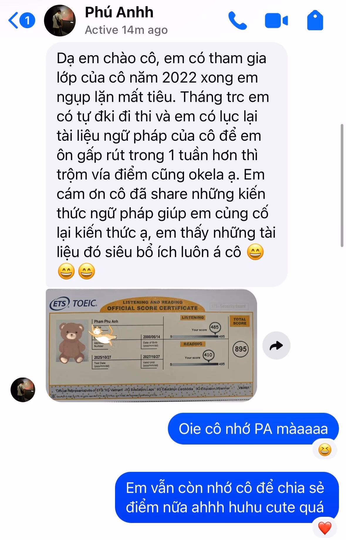 PHÚ ANH score certificate