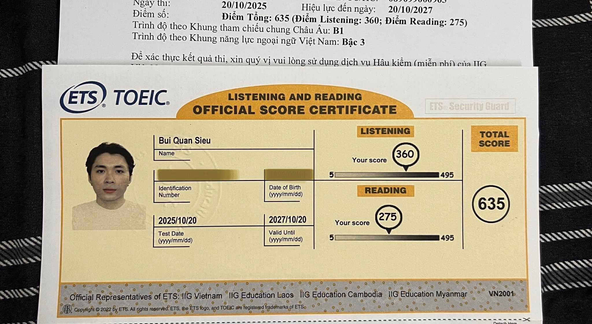 QUAN SIÊU score certificate