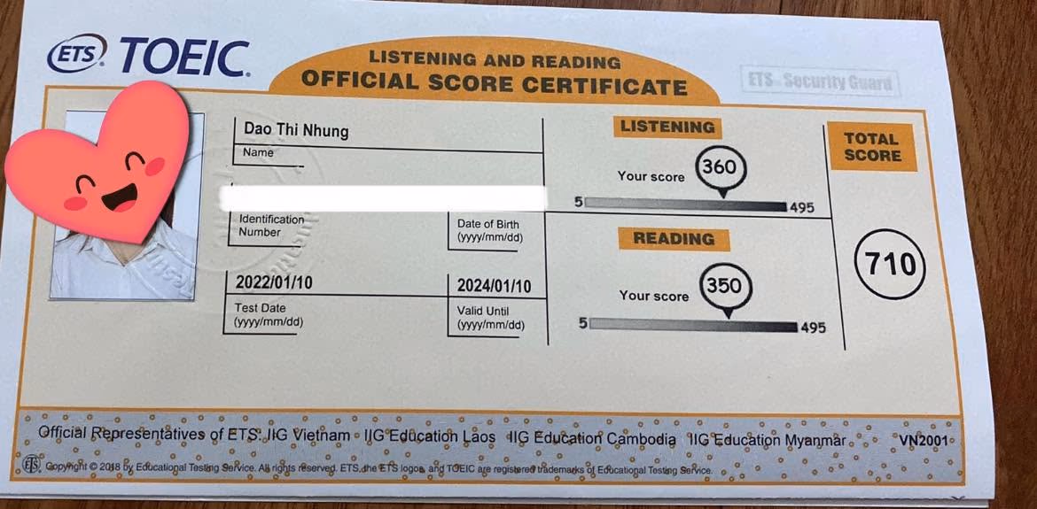ĐÀO THỊ NHUNG score certificate