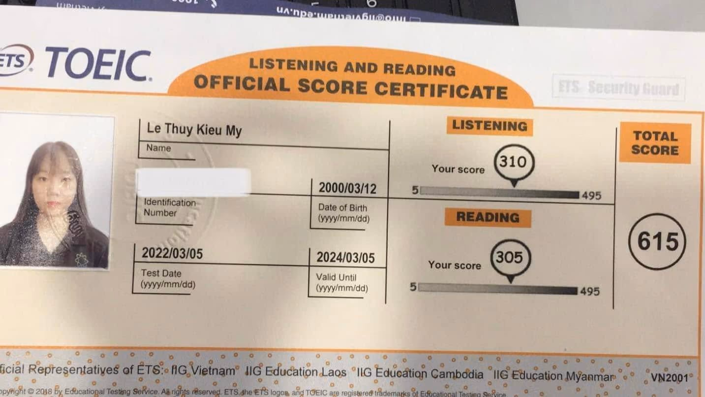 KIỀU MY score certificate