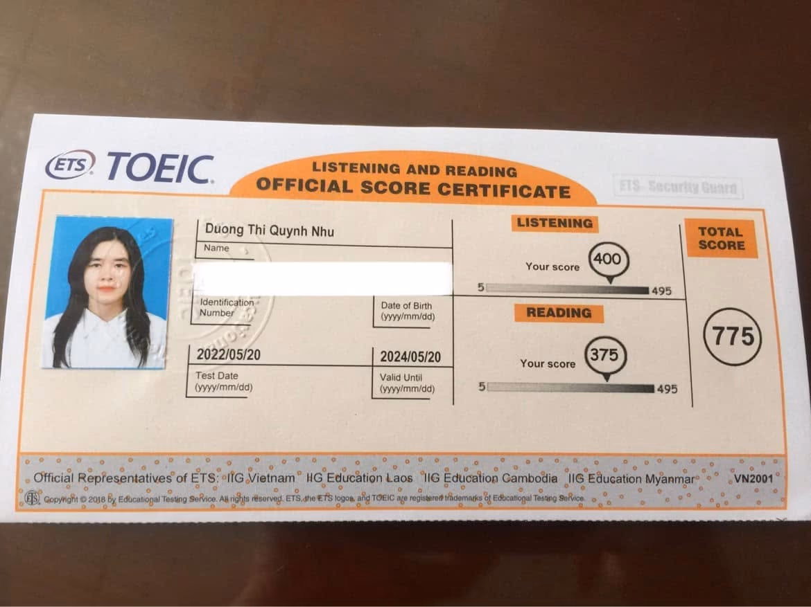 QUỲNH NHƯ score certificate