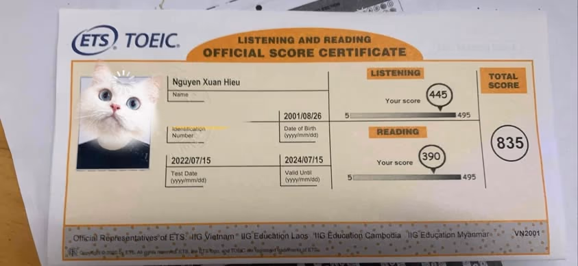 XUÂN HIẾU score certificate