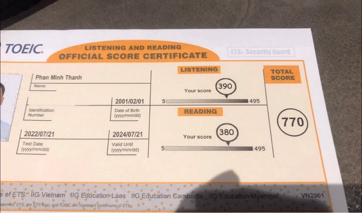MINH THÀNH score certificate