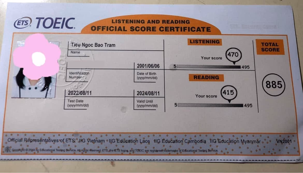 BẢO TRÂM score certificate