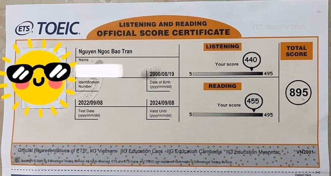 BẢO TRÂN score certificate