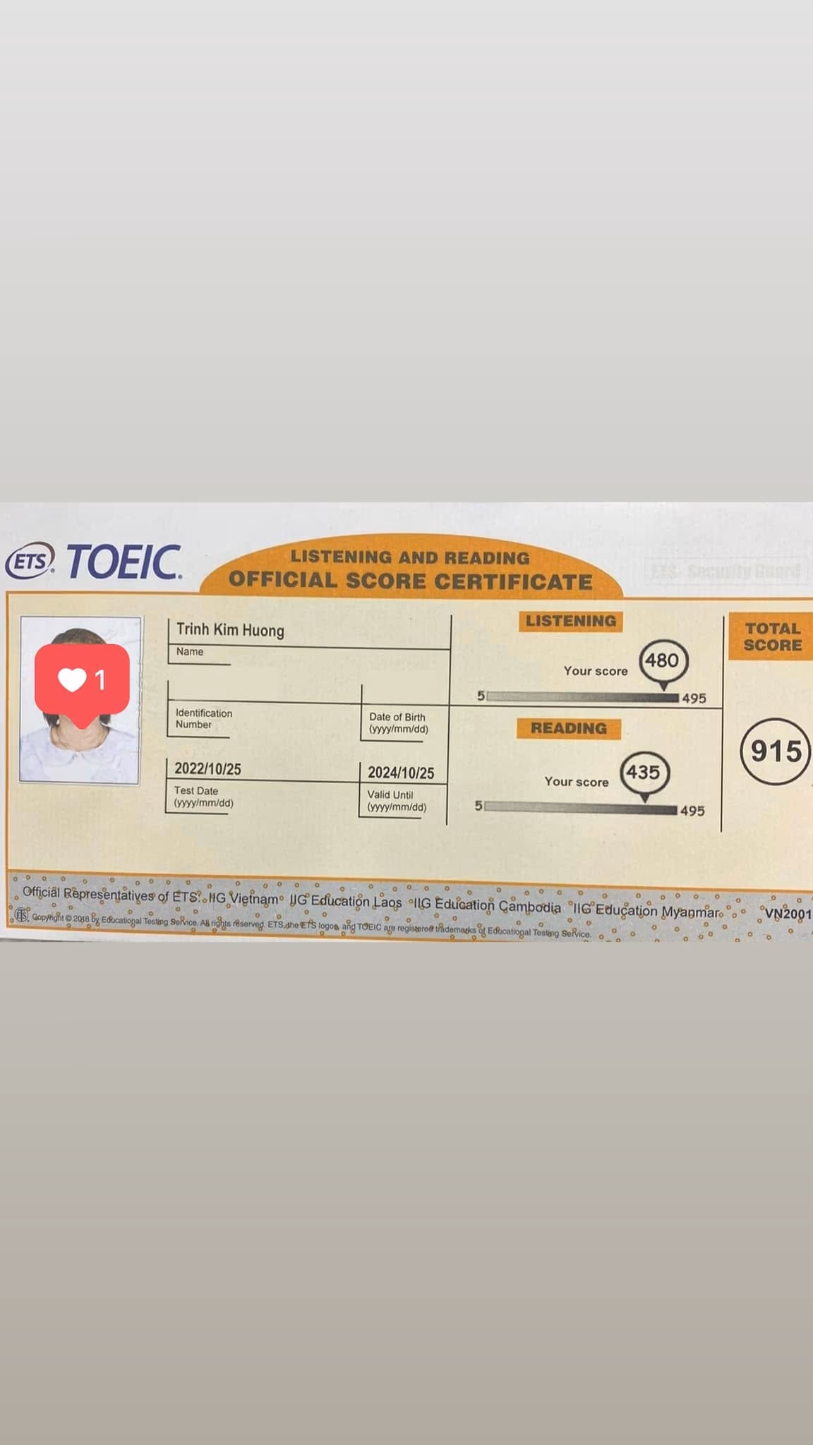 KIM HƯƠNG score certificate