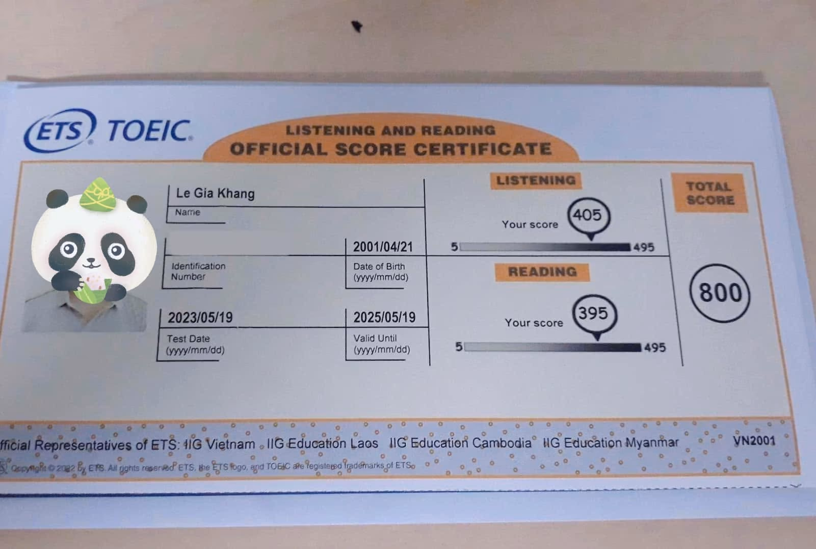 GIA KHANG score certificate