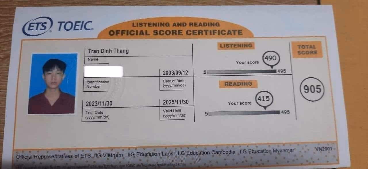 ĐÌNH THẮNG score certificate