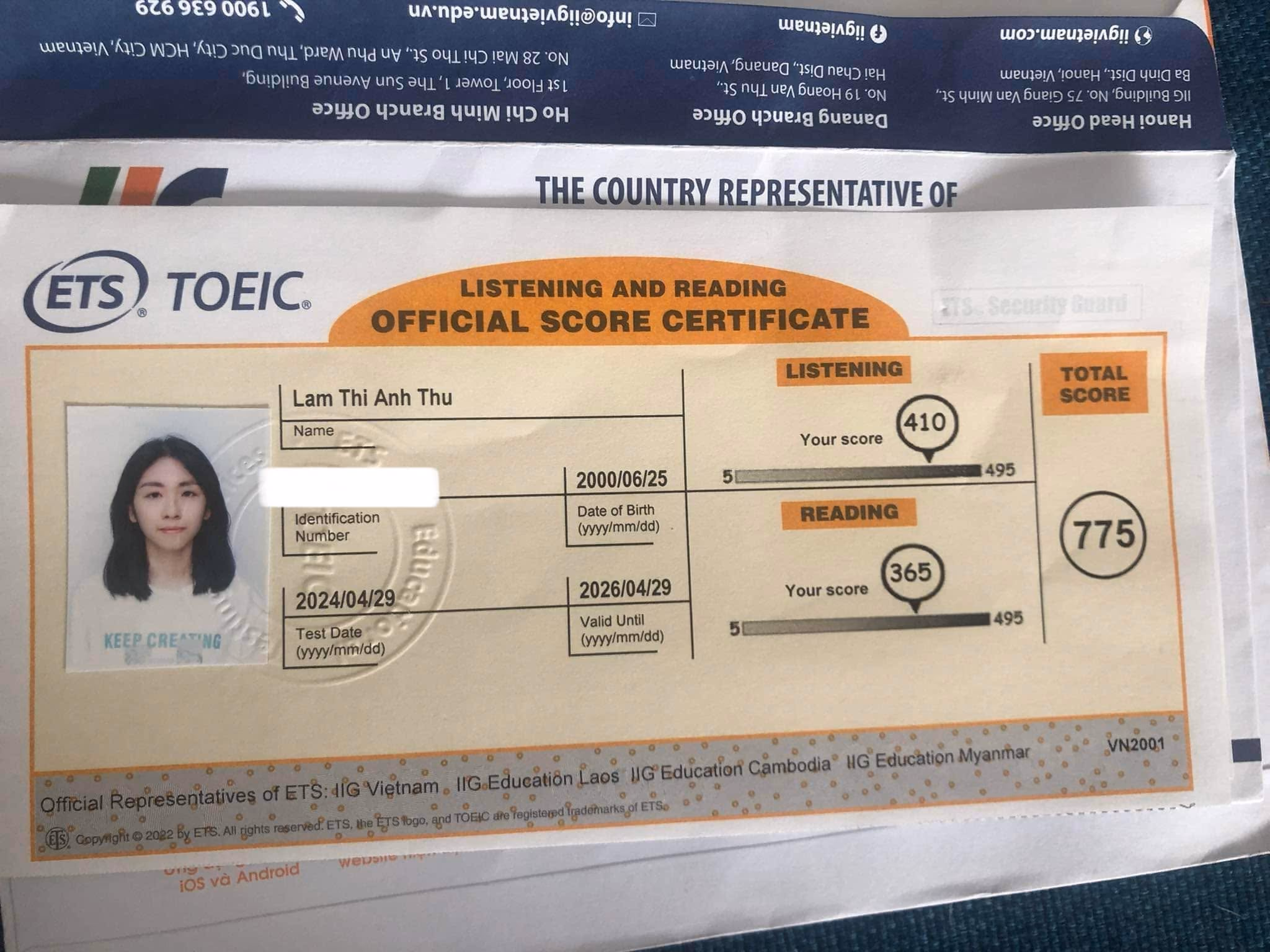 ANH THƯ score certificate
