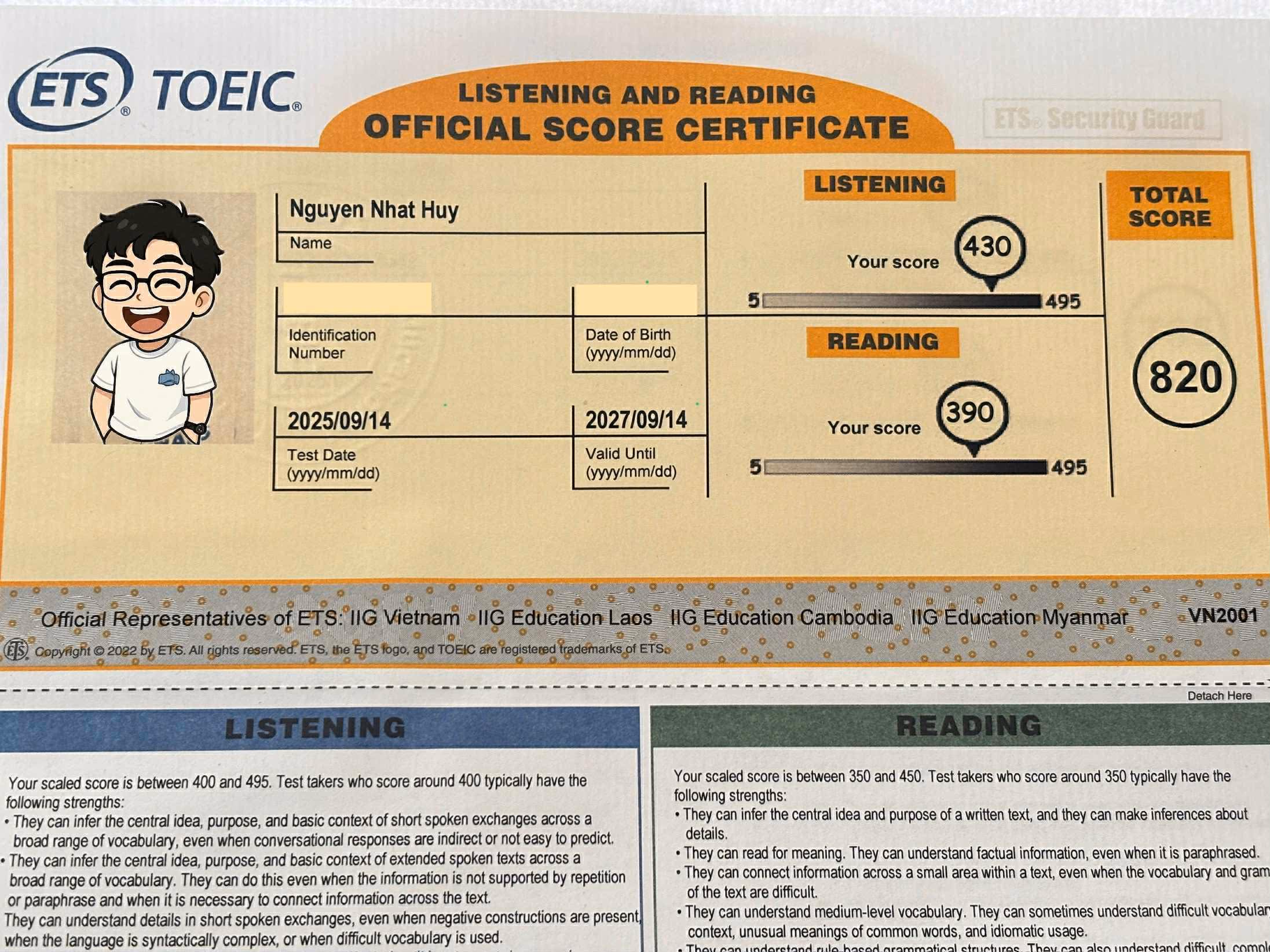 NHẬT HUY score certificate