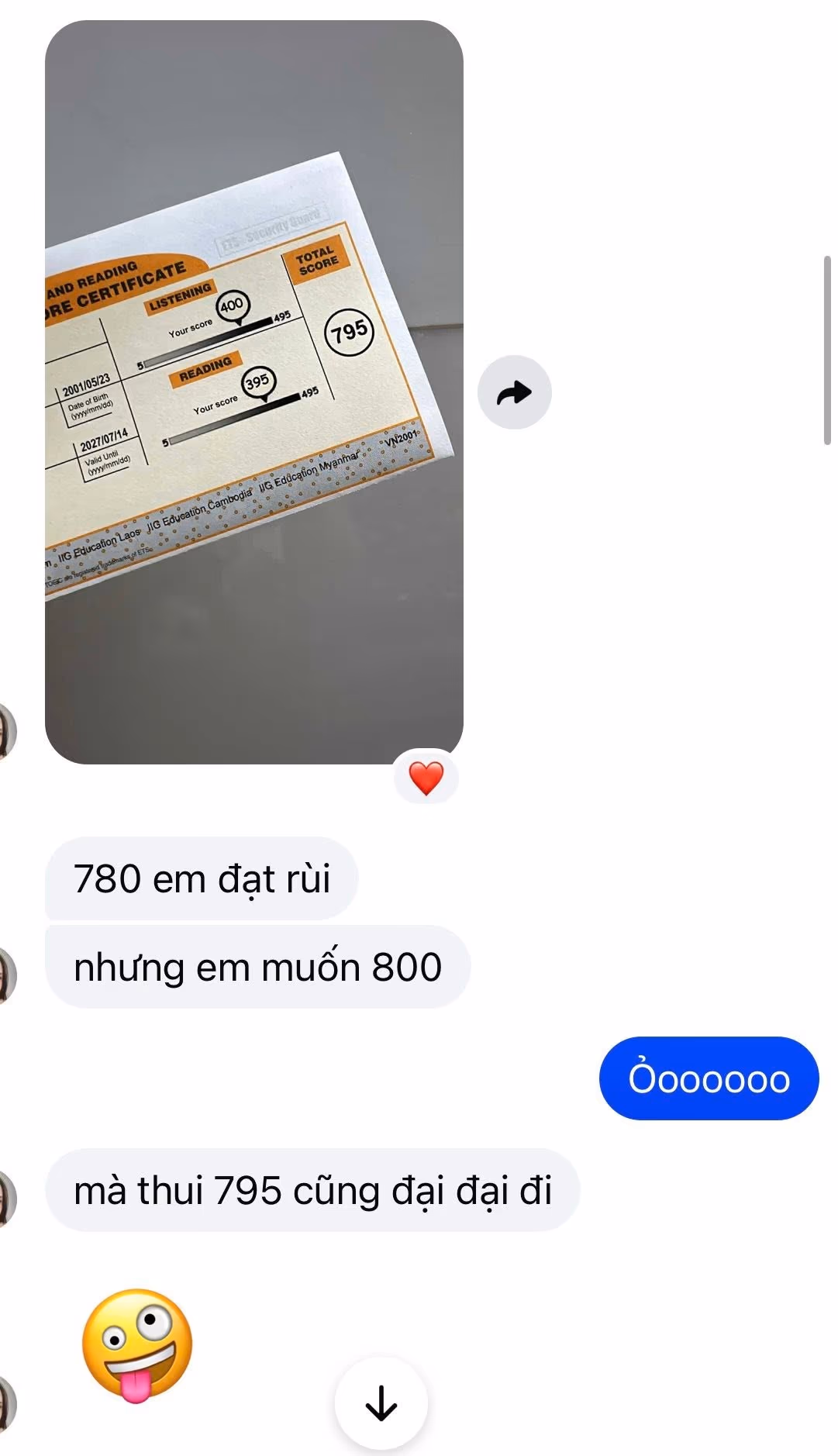 YẾN OANH score certificate