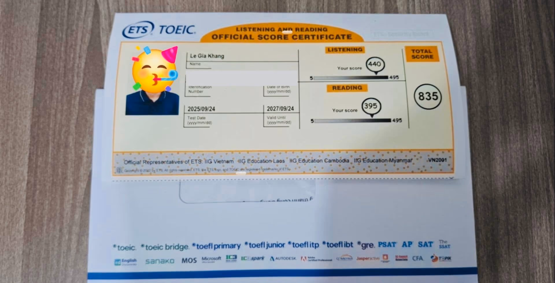 GIA KHANG score certificate