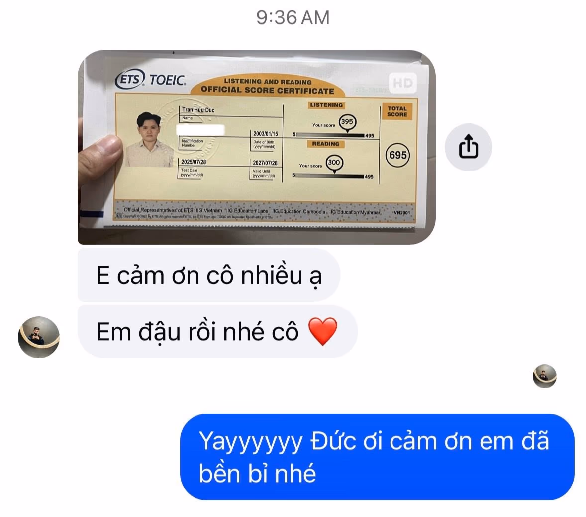 HỮU ĐỨC score certificate