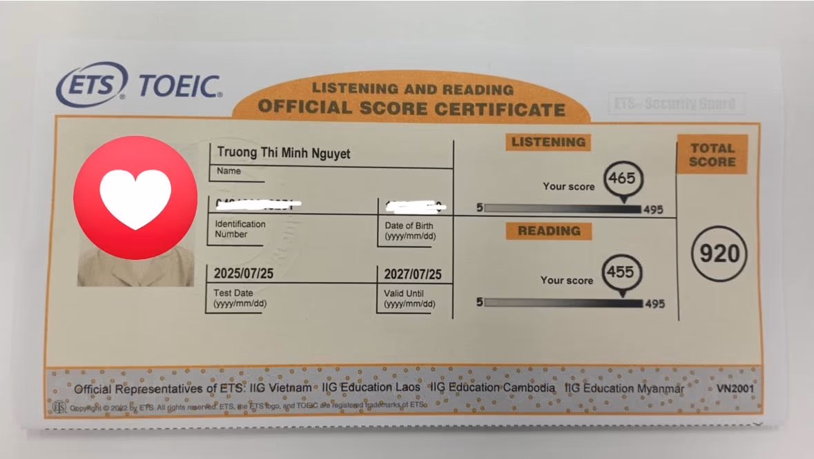 CHỊ MINH NGUYỆT score certificate