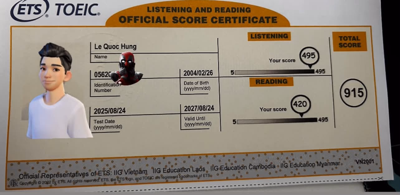 QUỐC HƯNG score certificate