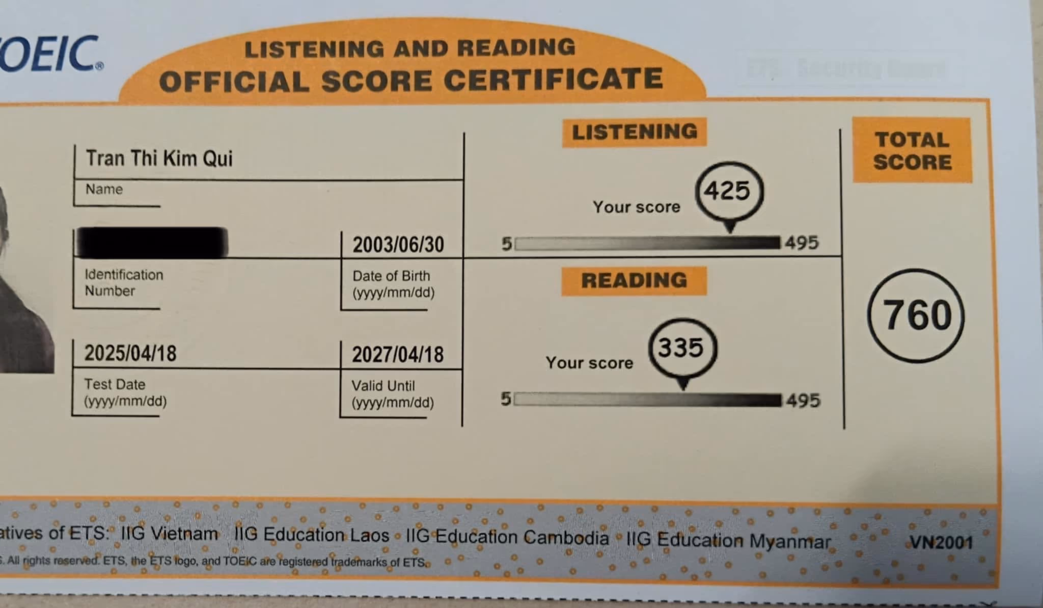 KIM QUÍ score certificate