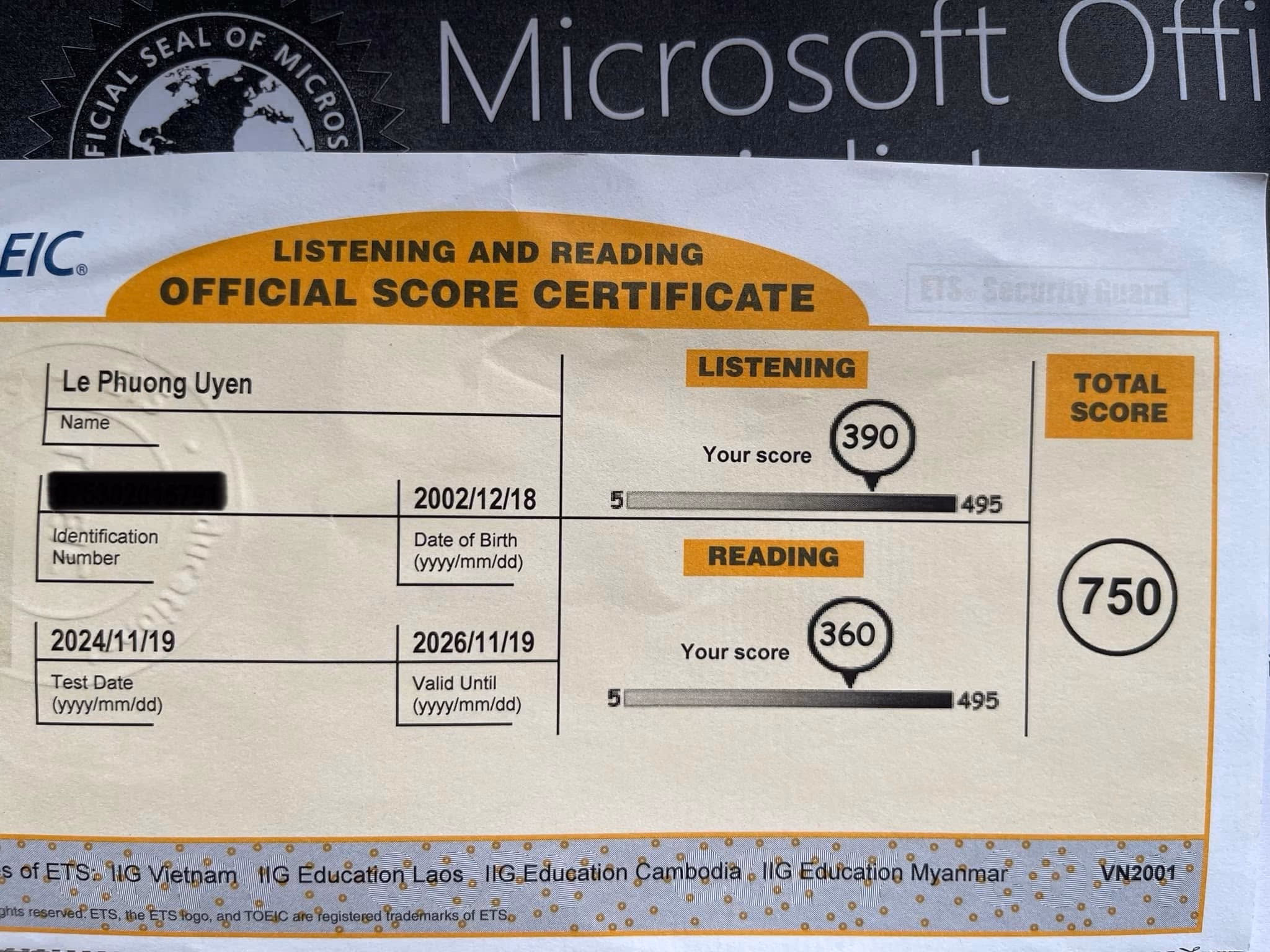 LÊ PHƯƠNG UYÊN score certificate
