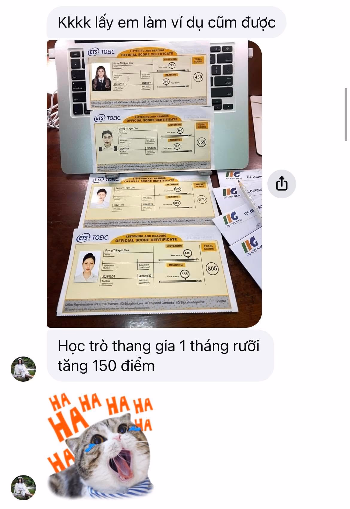 NGỌC DIỆU score certificate