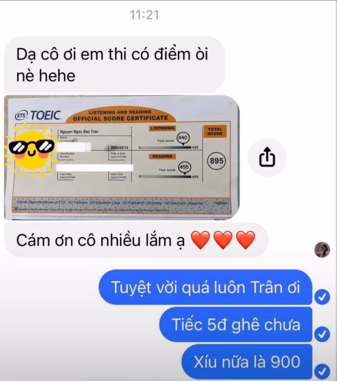 BẢO TRÂN score certificate