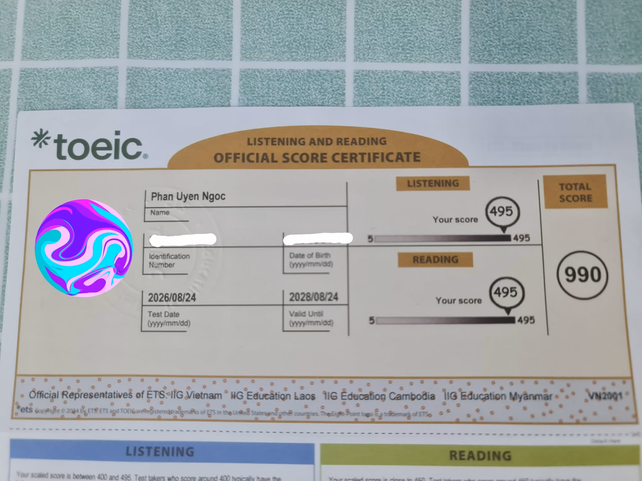PHAN UYÊN NGỌC score certificate