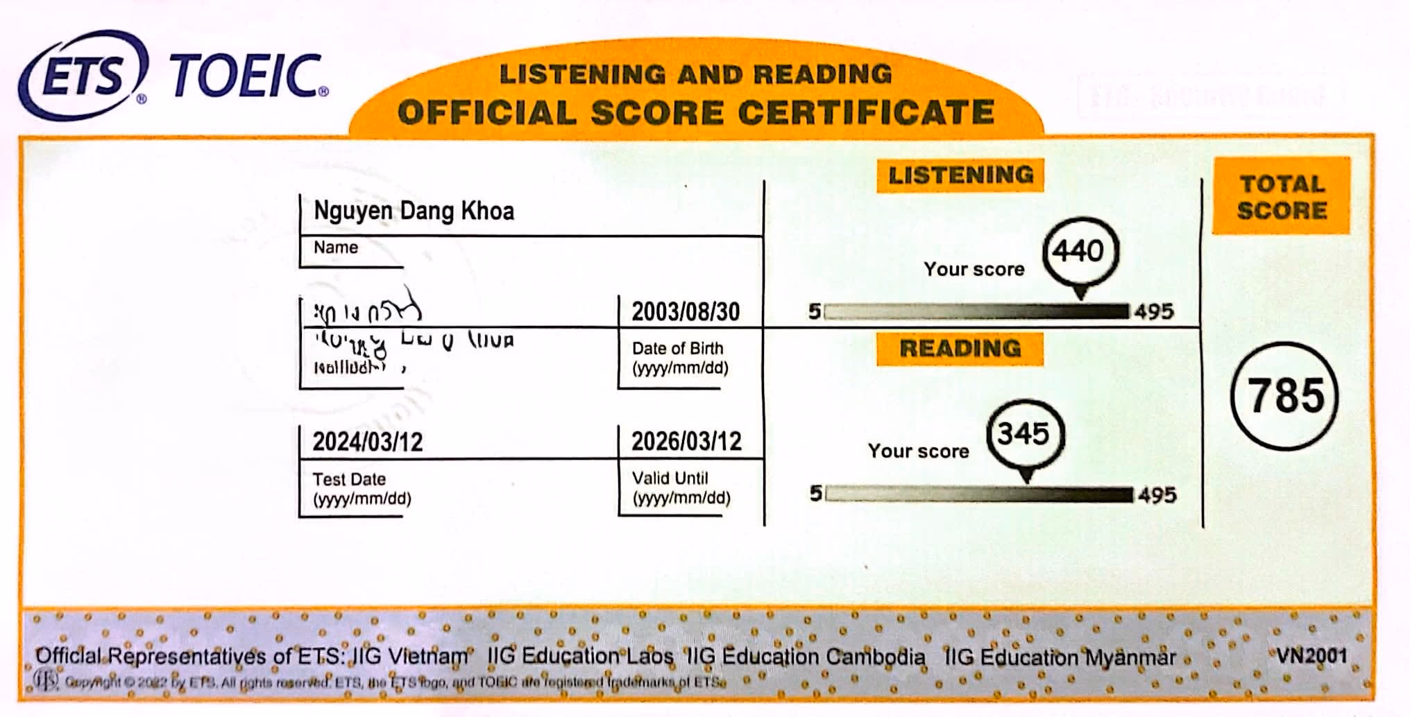 NGUYỄN ĐĂNG KHOA score certificate