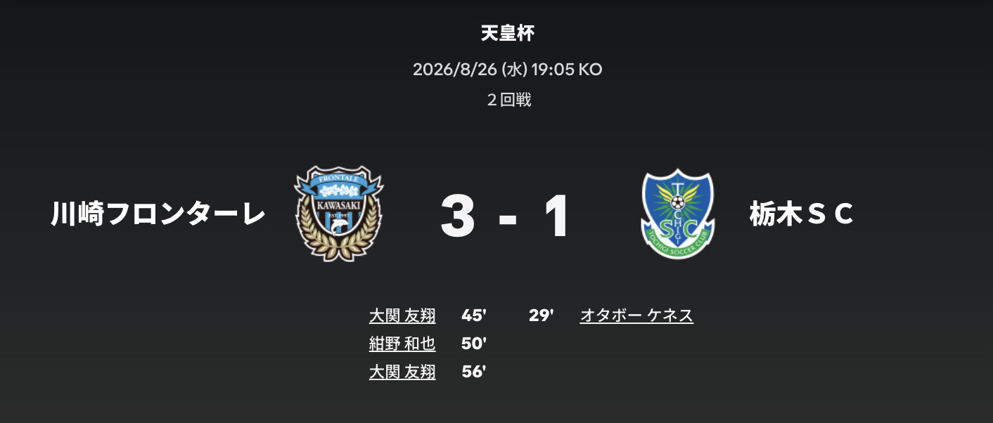 2026/27 天皇盃第1節 ｜ 川崎前鋒 3-1 栃木SC ｜ 2026年08月26日（水） 19:04 ｜ Uvanceとどろきスタジアム by Fujitsu ｜ 川崎前鋒進球者：大關友翔(45)、紺野和也(50)、大關友翔(56)