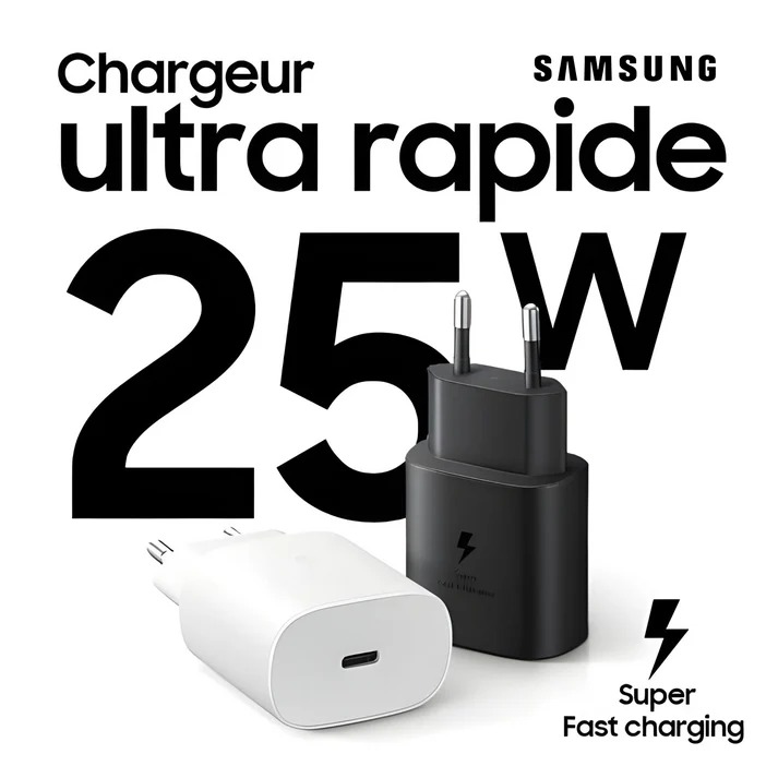 Adaptateur Samsung USB-C 25W Ultra Rapide est disponible chez MTS+ Tunisie.