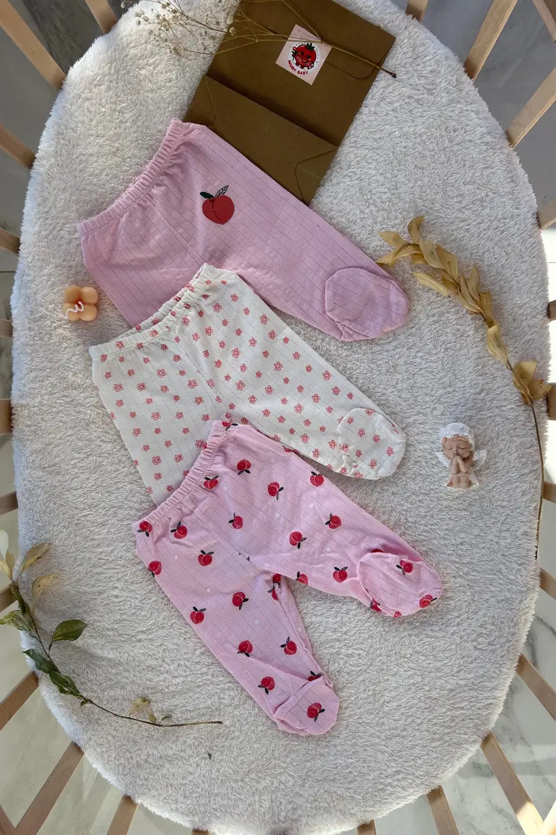 Şeftali Ve Çiçek Baskılı Üçlü Bebek Pantolon