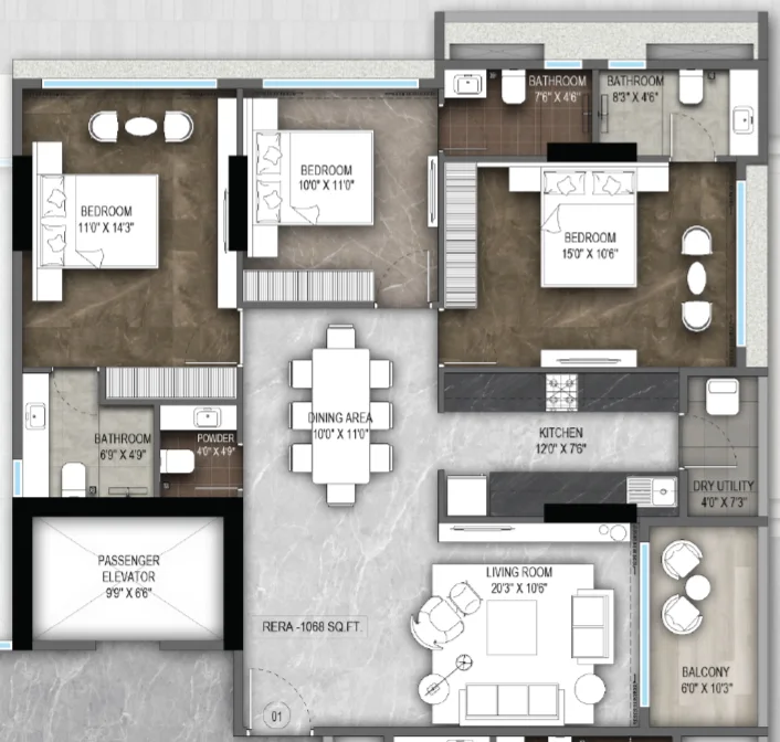 Roswalt Ryla 3 BHK - Unit 1 & 4 floor plan