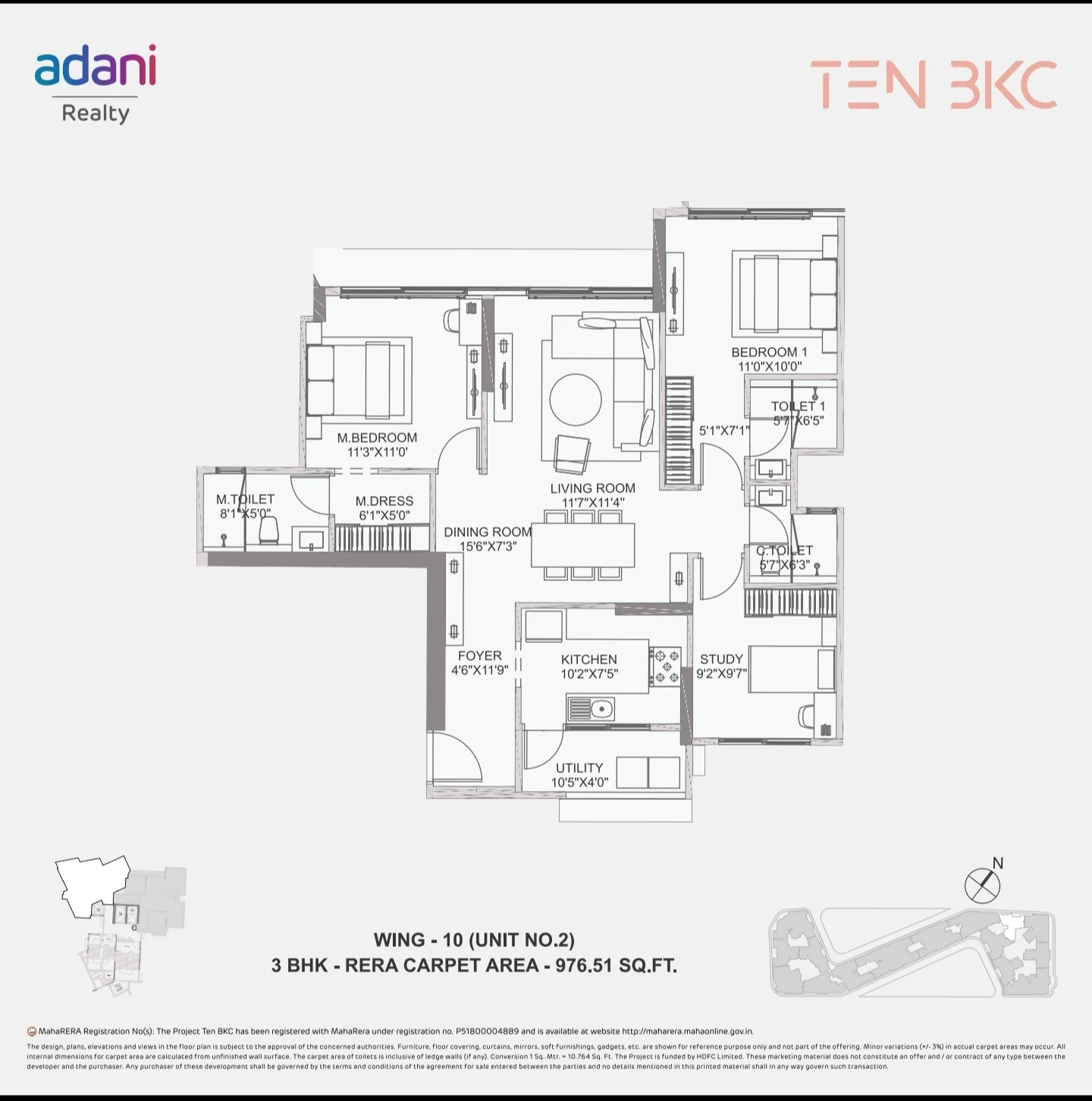 3 BHK floor plan of Adani TEN BKC