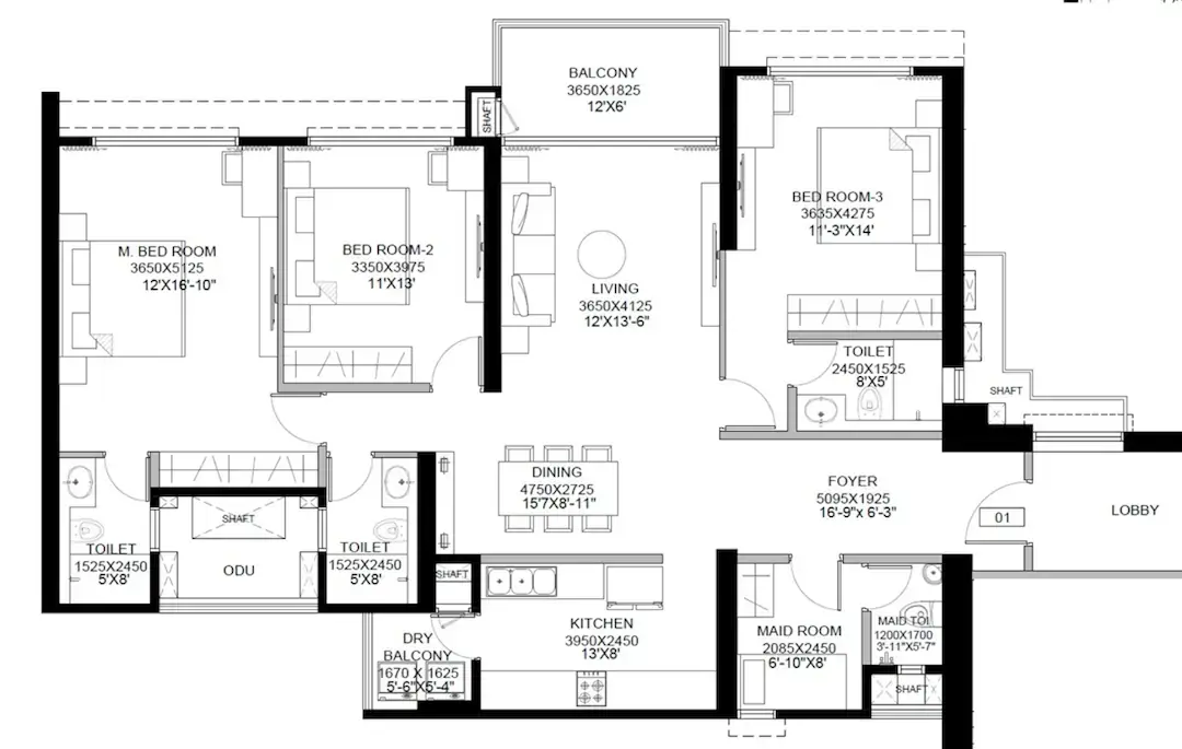 3 BHK floor plan of DLF The Westpark Phase 1