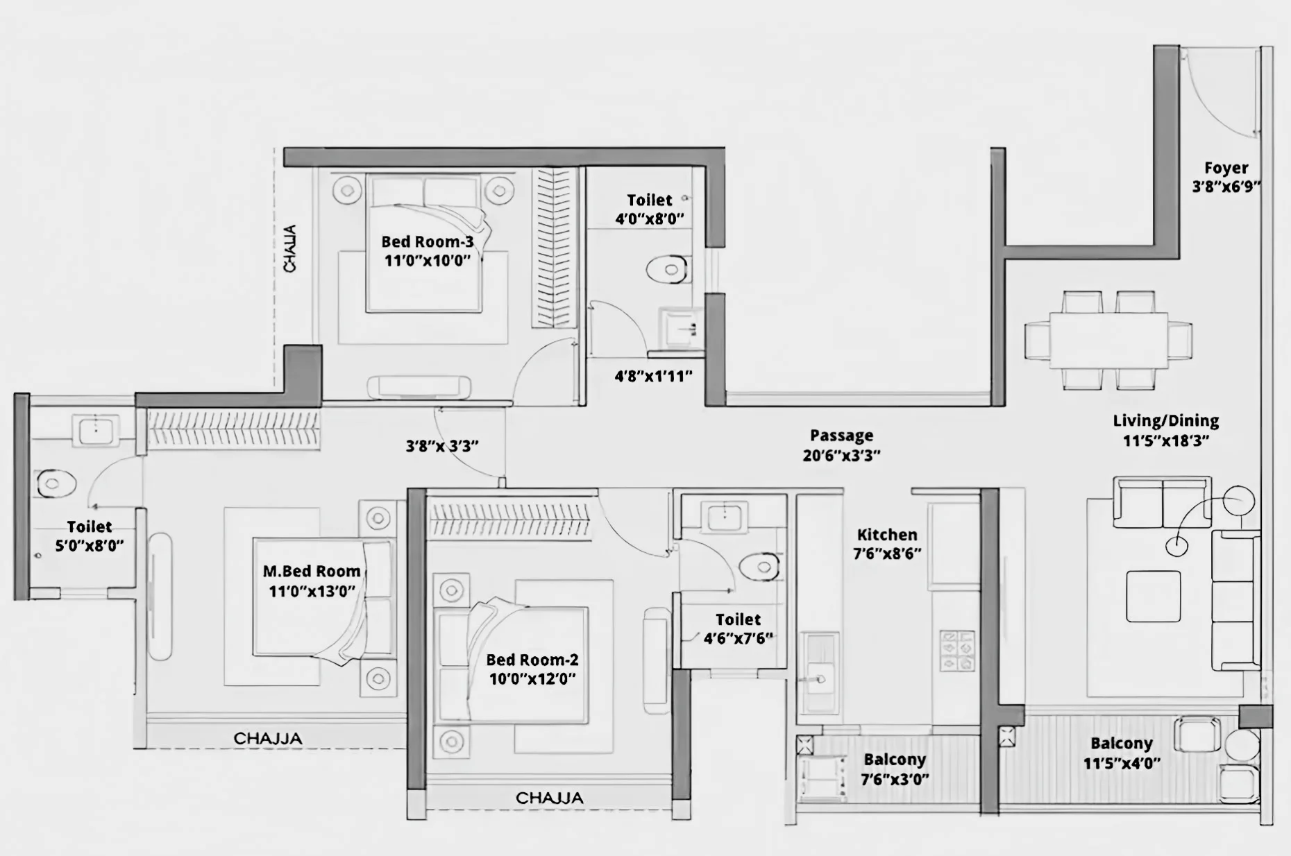 3 BHK floor plan of Godrej Eternal Palms