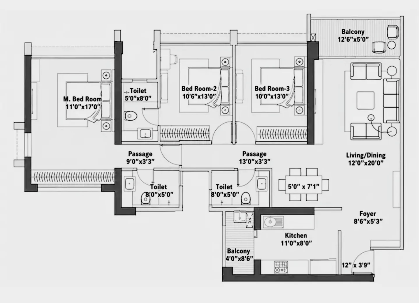 3 BHK floor plan of Godrej Eternal Palms