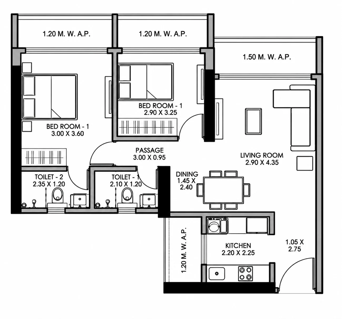2 BHK floor plan of JP North Garden City