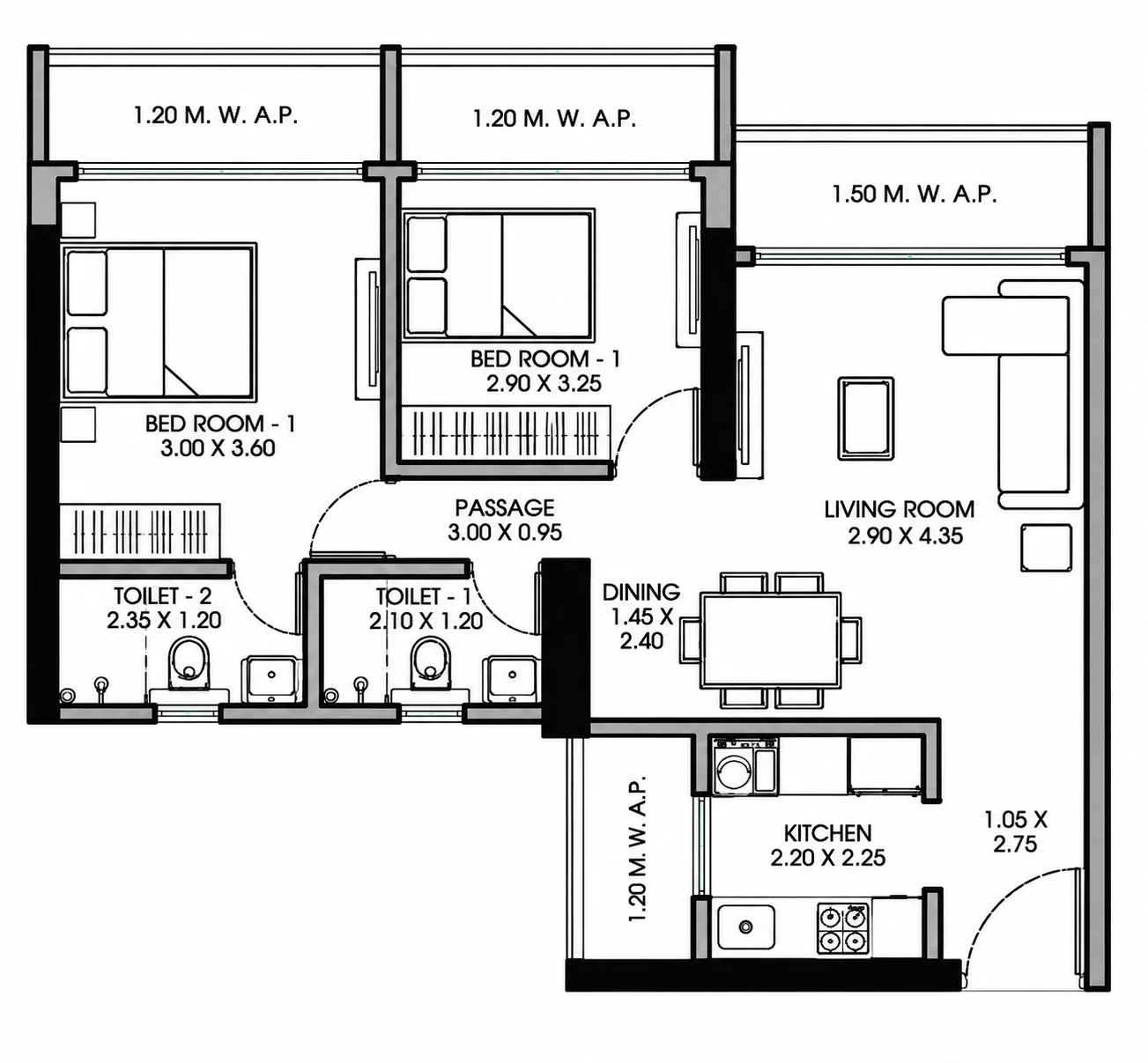 2 BHK floor plan of JP North Garden City