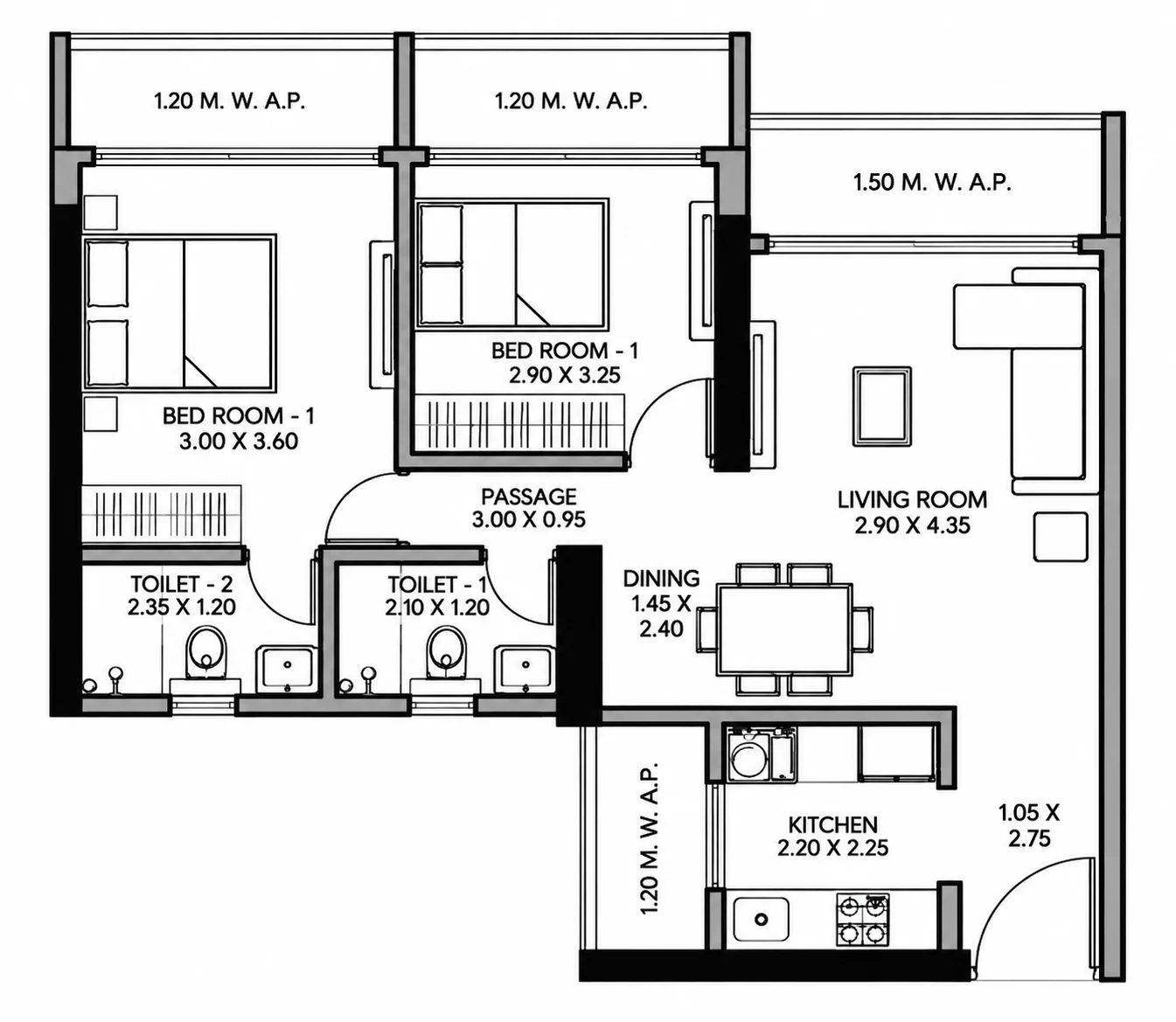 3 BHK floor plan of JP North Garden City