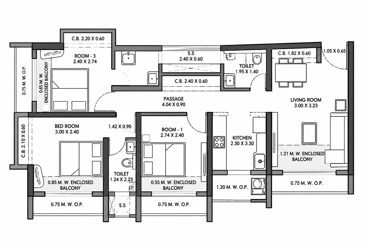 3 BHK floor plan of JP North Garden City