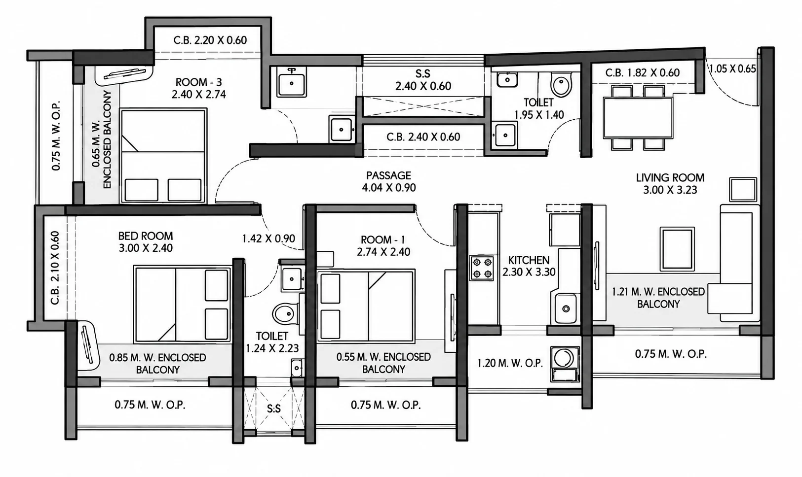 3 BHK floor plan of JP North Garden City