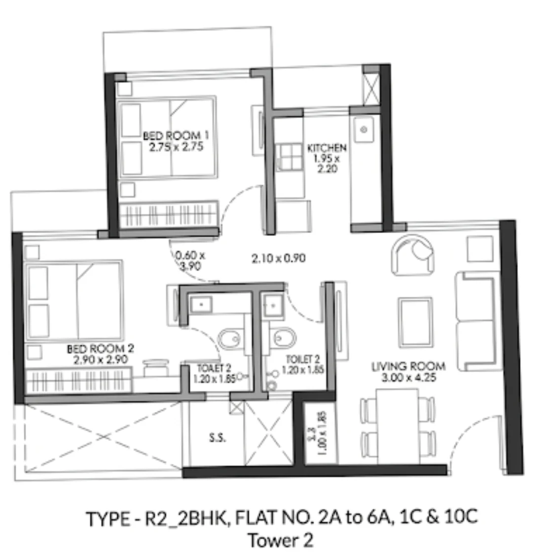 2 BHK floor plan of JP North Imperial Greens