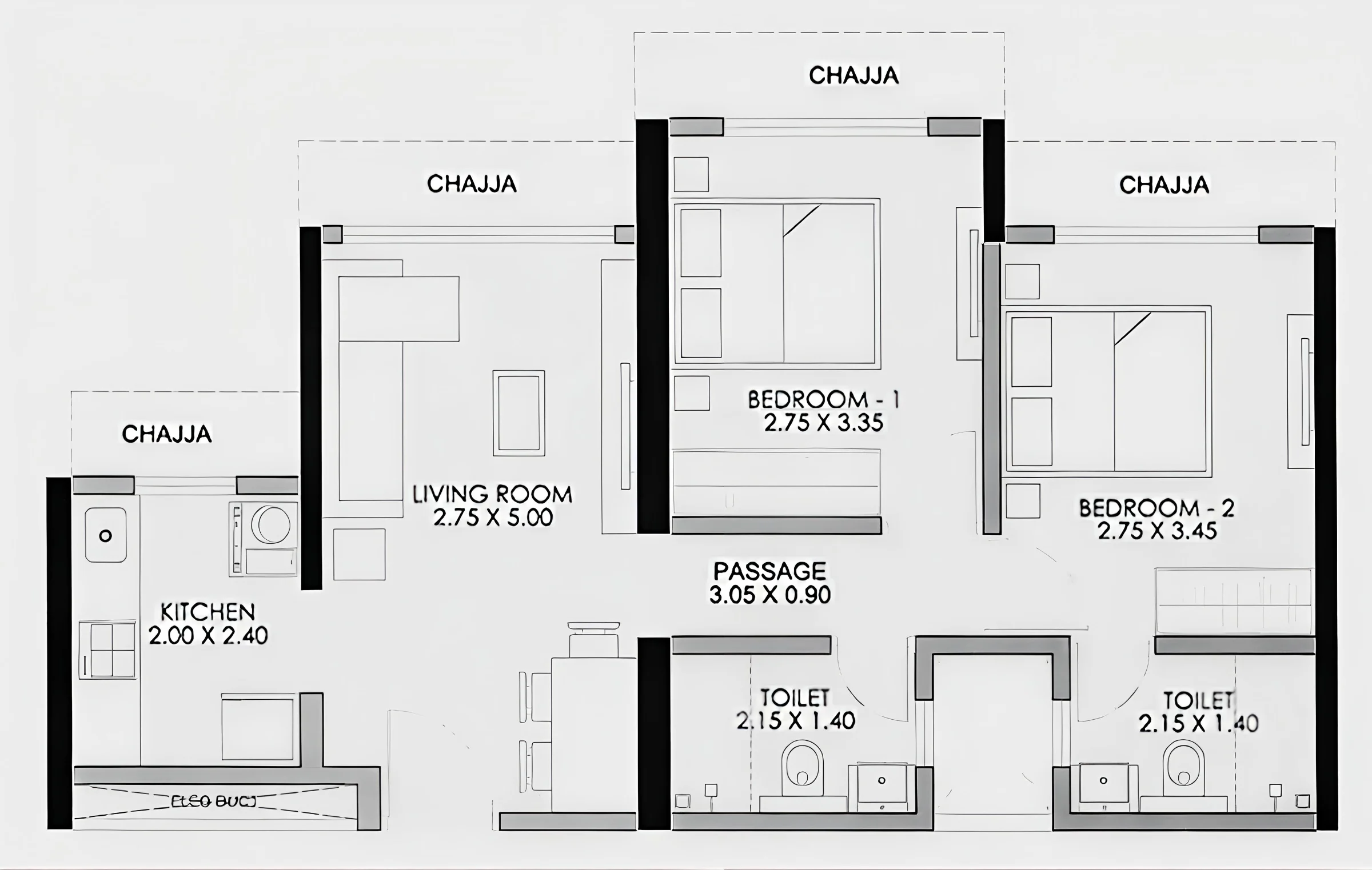 2 BHK floor plan of JP Parkway
