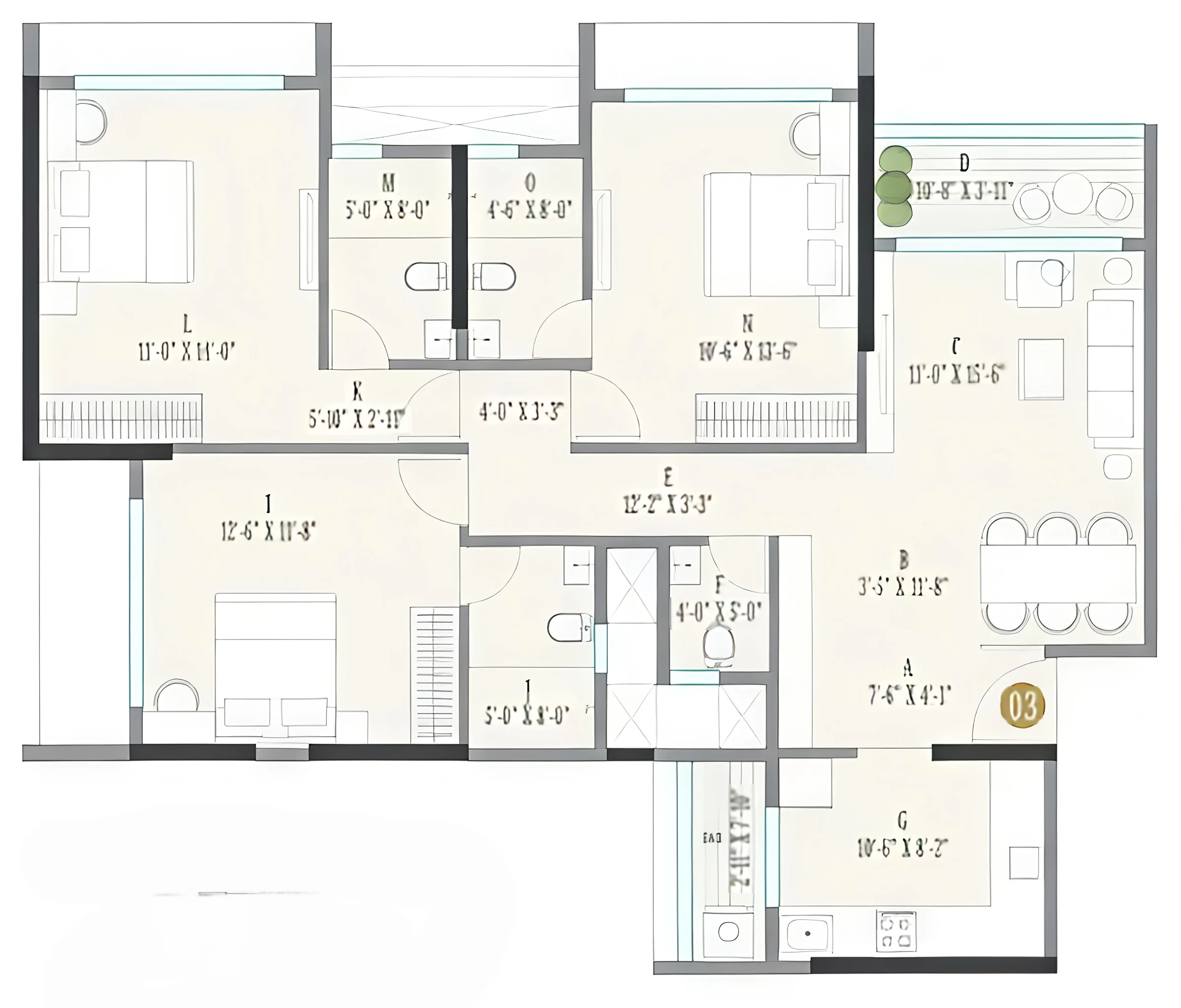 3 BHK floor plan of Kolte Patil Serenova