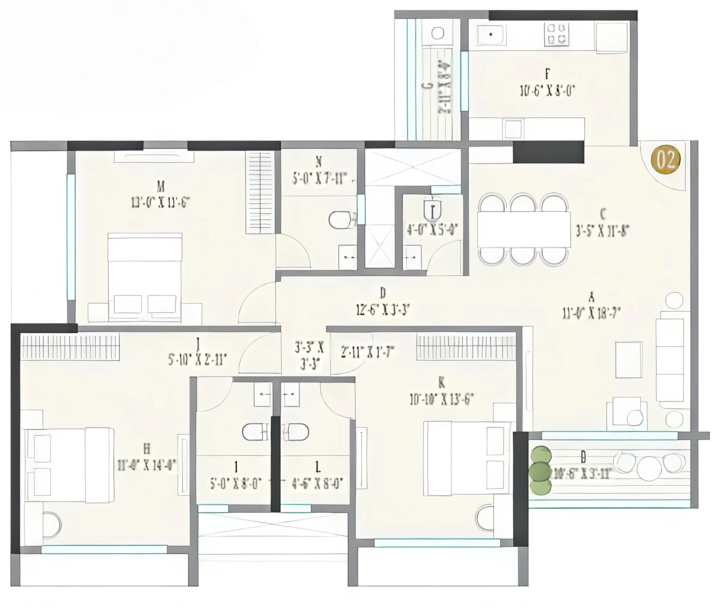 3 BHK floor plan of Kolte Patil Serenova