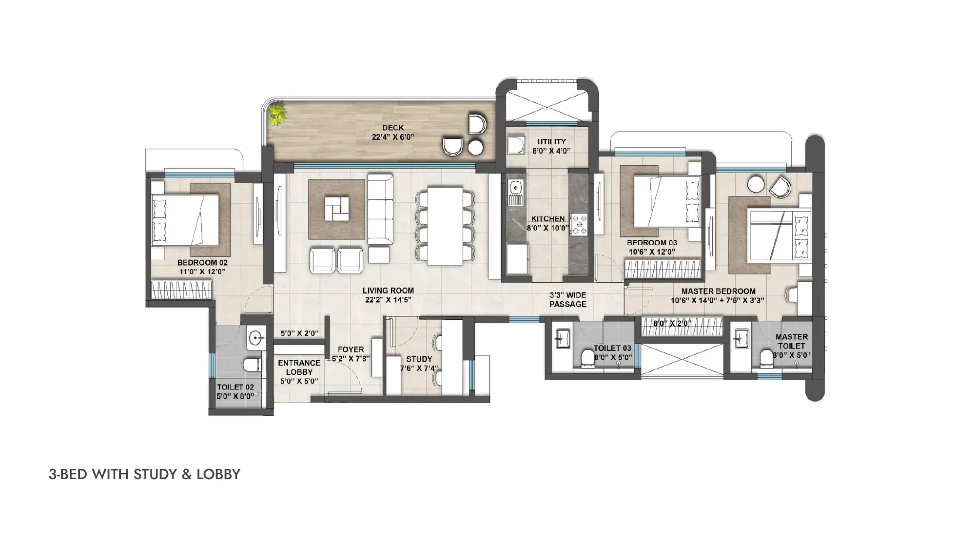 3 BHK floor plan of Lodha Belmont